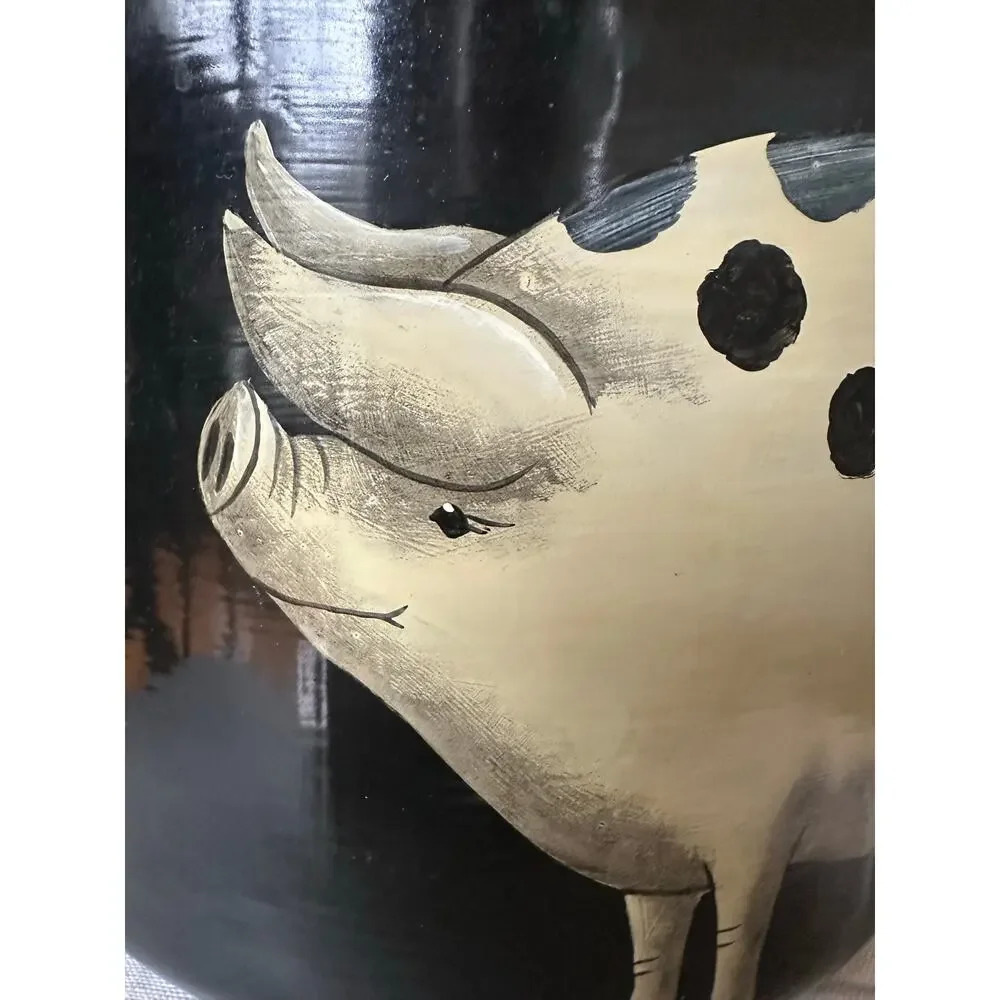Emma Hunk Hand Painted Enamel Pot PIGS, 2000 vintage black Gold Handles 6.5x10”